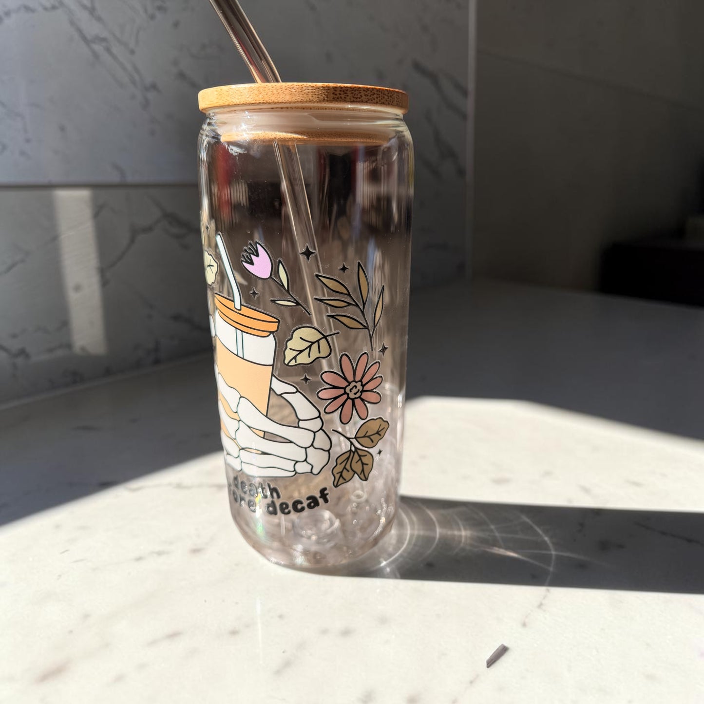 Death Before Decaf Glass Cup