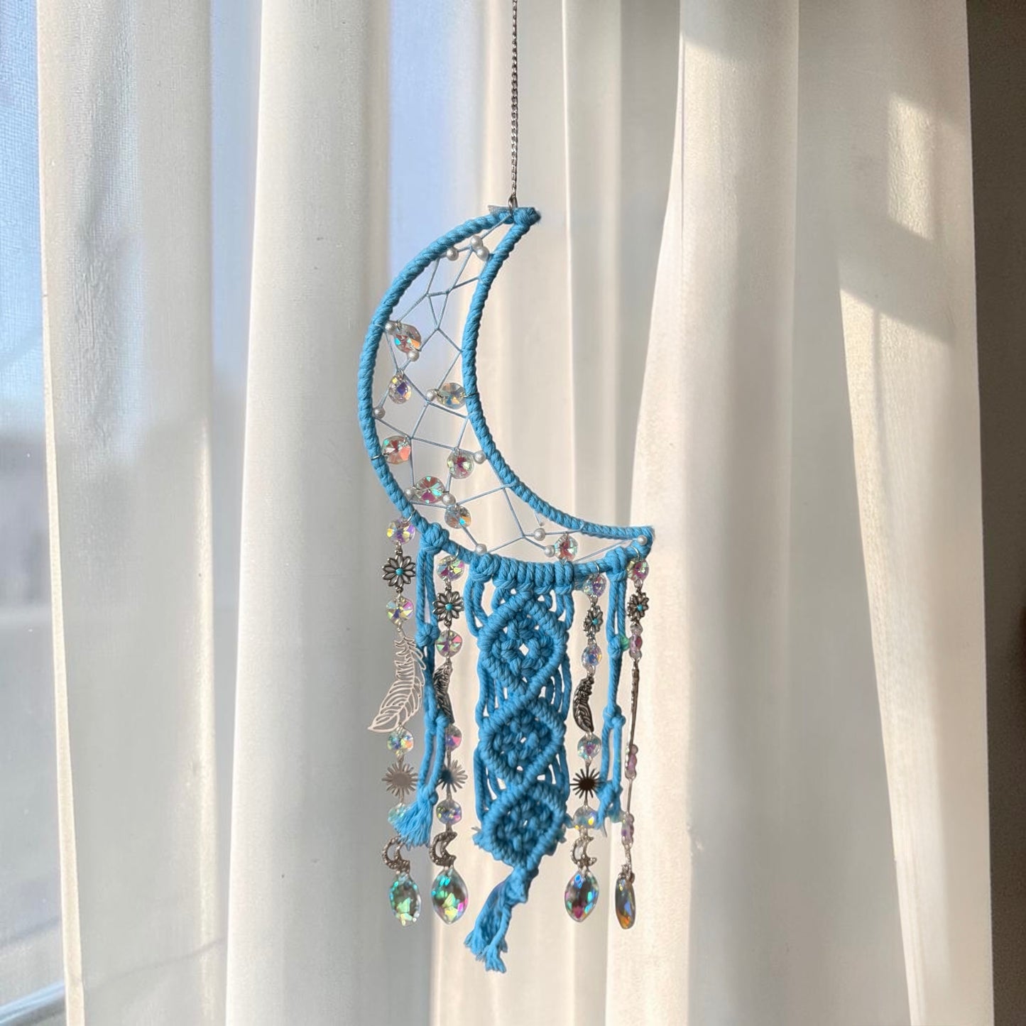 Blue Macramé Crescent Moon Suncatcher
