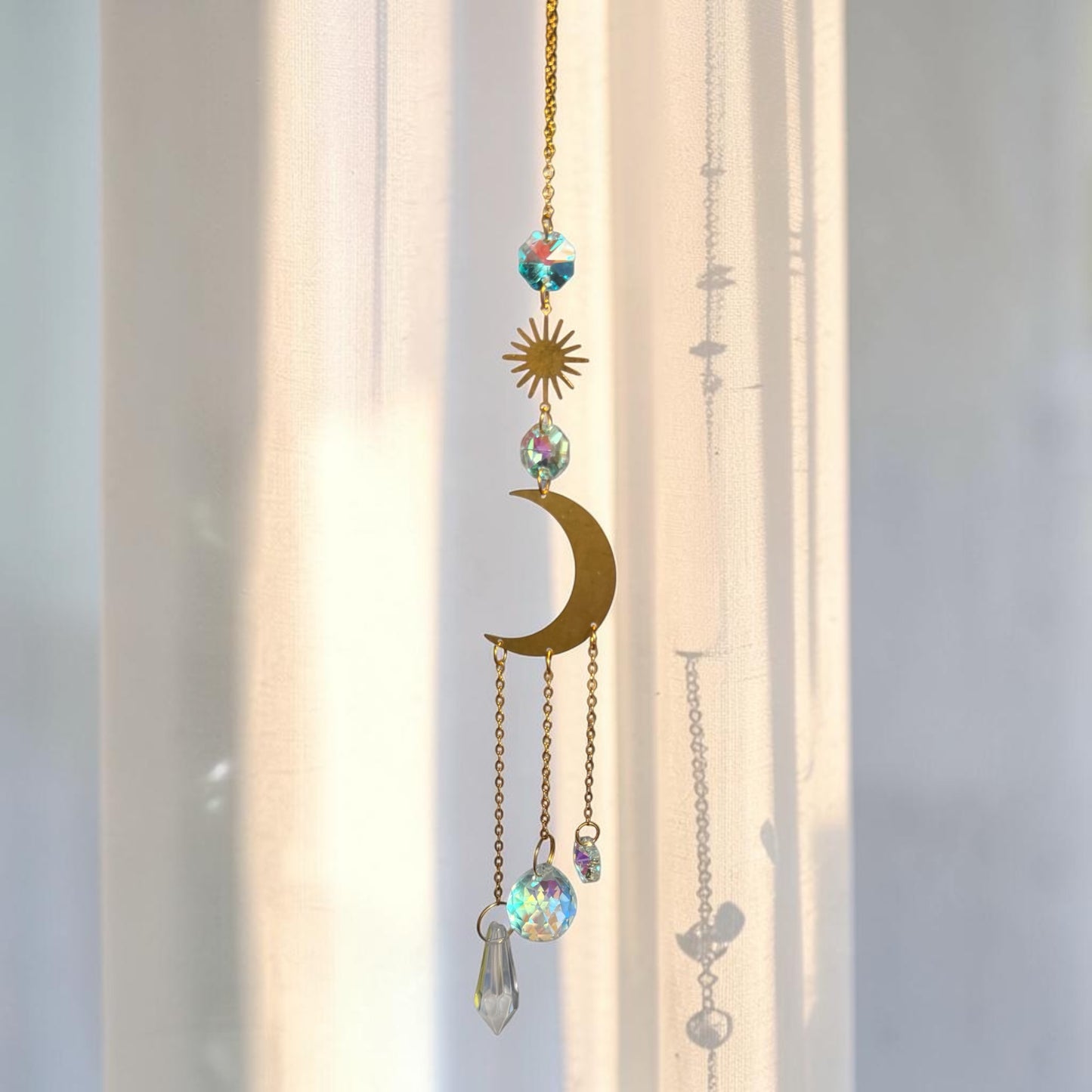 Gold Sun and Moon Crystal Drop Suncatcher