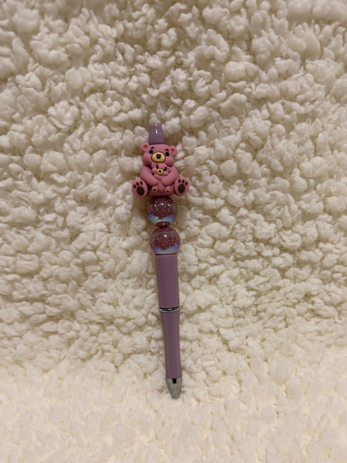 Pink Teddy Bear Glitter Beaded Pen
