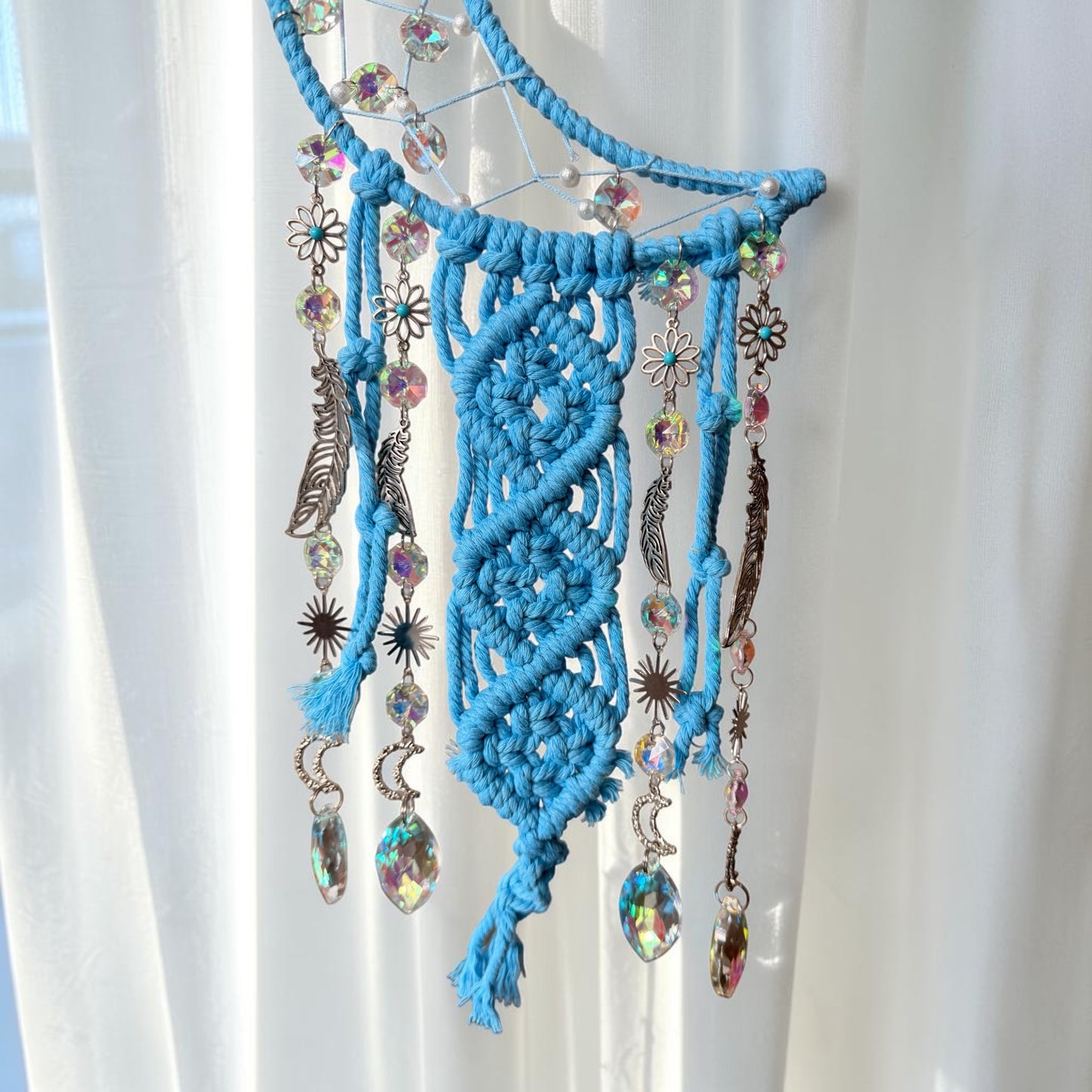 Blue Macramé Crescent Moon Suncatcher