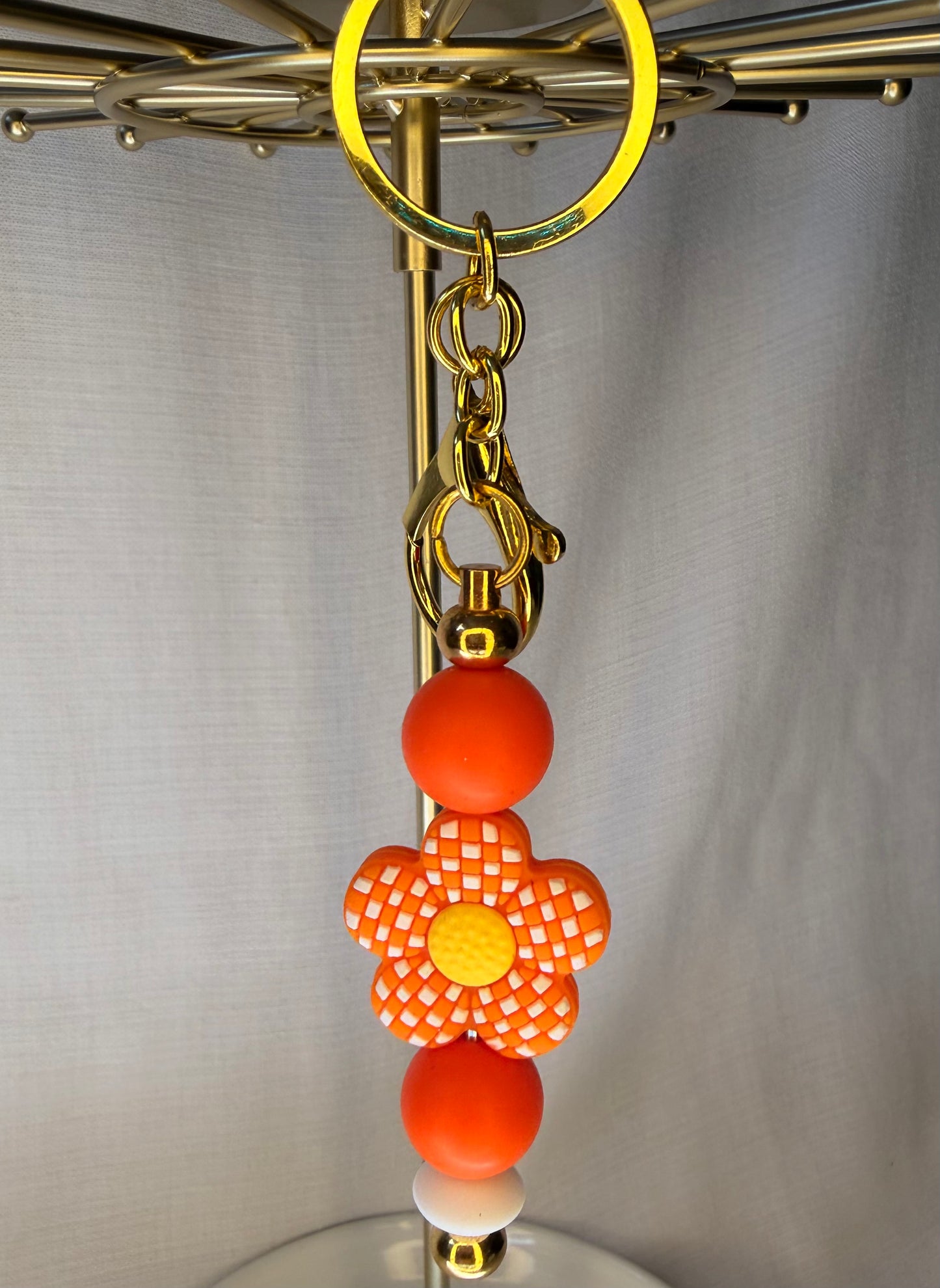 Orange Gingham Flower Keyring