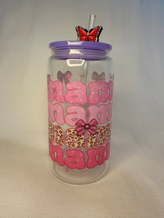 Pink Leopard Mama Glass Cup