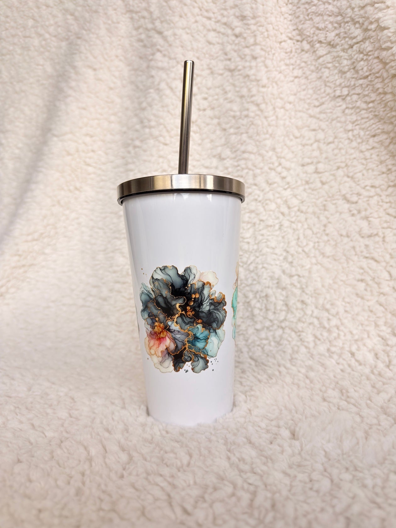 Blue Ink Floral White Tumbler