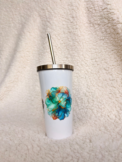 Blue Ink Floral White Tumbler