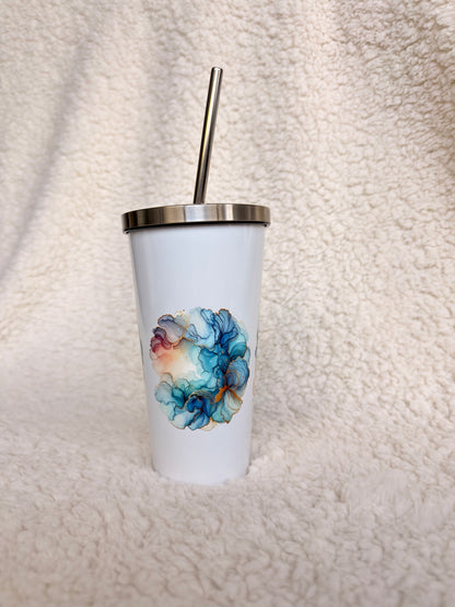 Blue Ink Floral White Tumbler